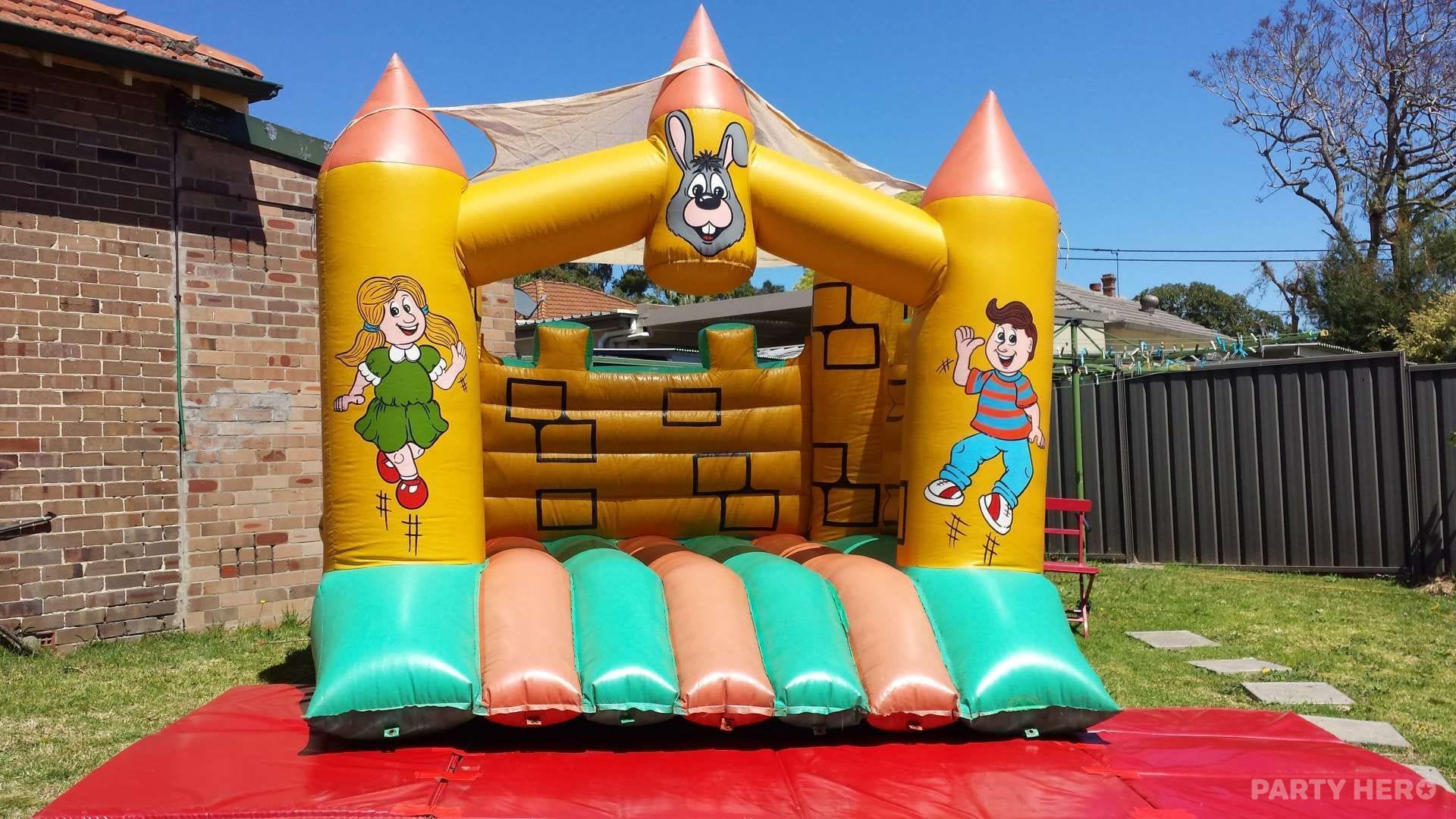 Farmyard jumping castle with a donkey on top set up on a lawn