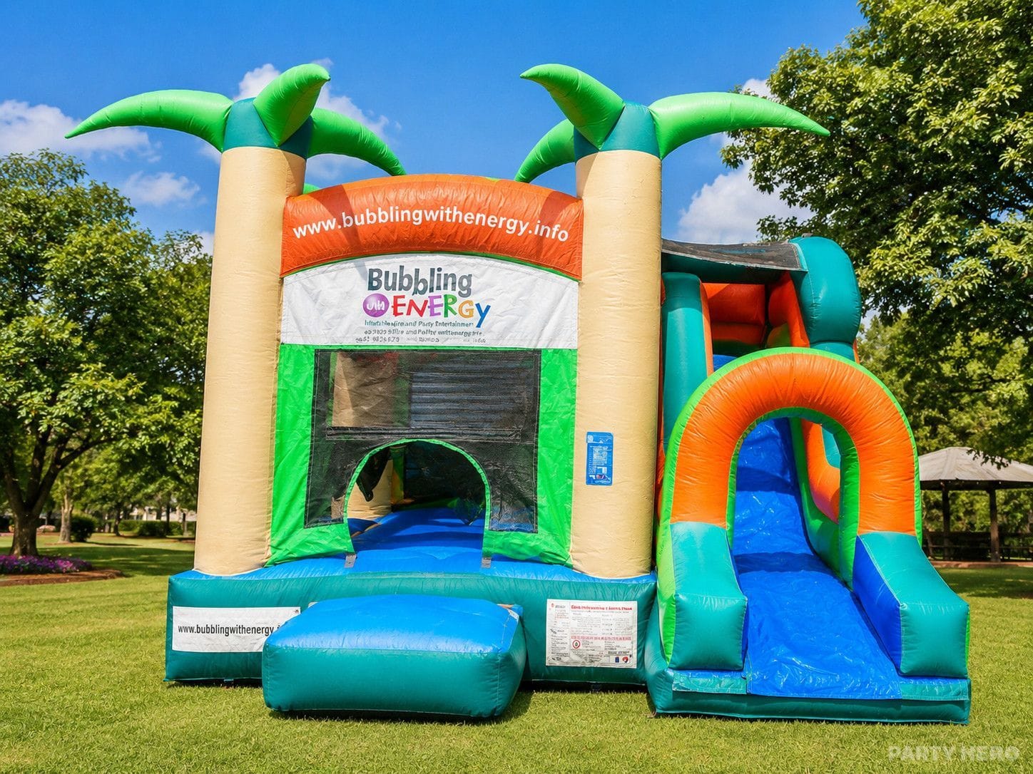 Jumping castle hire in Sydney — tropical palm-tree jump and splash castle with slide and pool