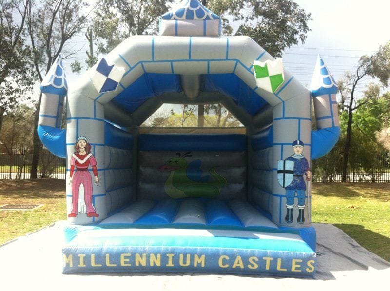 Millennium-branded medieval jumping castle set up on a Western Sydney lawn