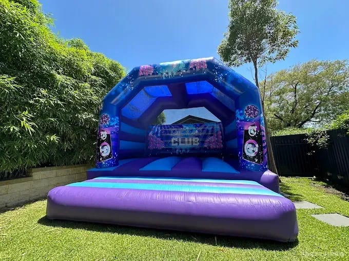 Disco-themed jumping castle set up in a leafy Sydney backyard