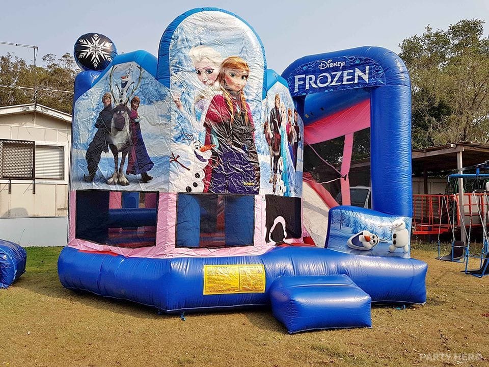 Frozen combo jumping castle with a slide set up in a backyard